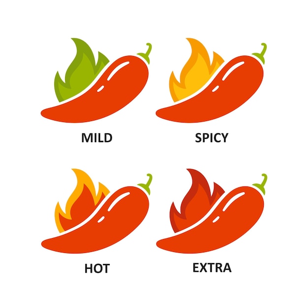 Kruidenmarkeringen - mild, pittig, heet en extra. groene en rode chilipeper. symbool van peper met vuur. chili niveau pictogrammen instellen. vectorillustratie geïsoleerd op een witte achtergrond