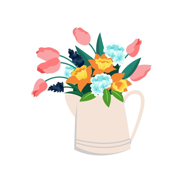 Kruik bloemen tulpen en narcissen lente boeket van hortensia's vector illustratie