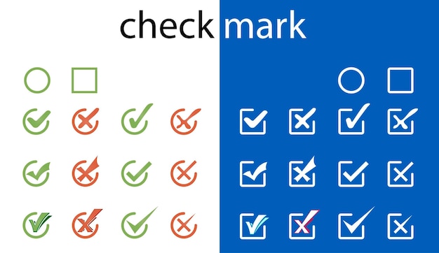 Kruis en vinkje pictogram symboolset. Verschillende vinkjes instellen. Validatie knoppen.