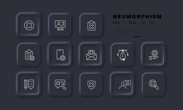 Kruisen voor afwijzing ingesteld pictogram Weigeren verwijderen weigeren oproep verbieden computer klembord telefoon e-mail tekstballon vergrootglas schild Business concept Neomorfisme Vector lijn pictogram voor reclame