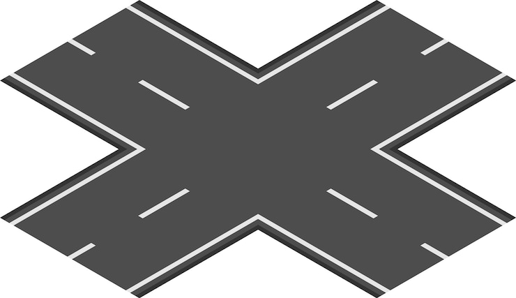 Vector kruising die een x-vorm vormt met donkergrijs asfalt en witte strepen die het kruispunt vertegenwoordigen wegpad keuze beslissing richting transport reisinfrastructuur en netwerk