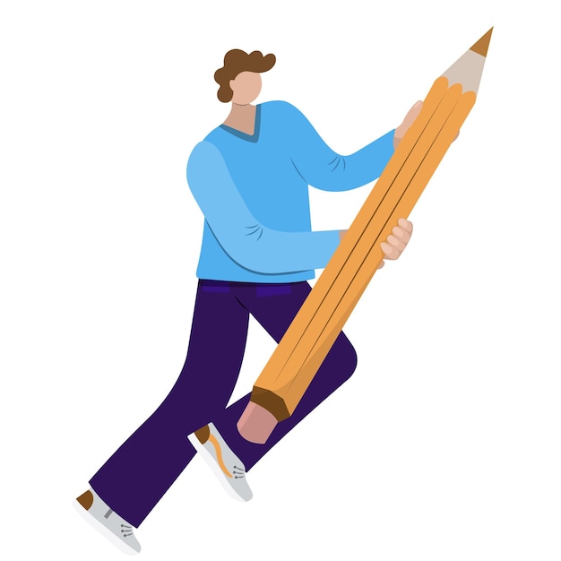 Krullend jongeman loopt met groot potlood op witte platte stijl Tekenen schrijven ontwerp bloggen