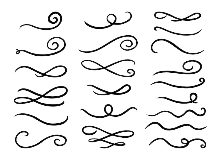 Vector krullende zwiepen swashes swoops handgetekende collectie kalligrafie swirl markeer tekstelementen