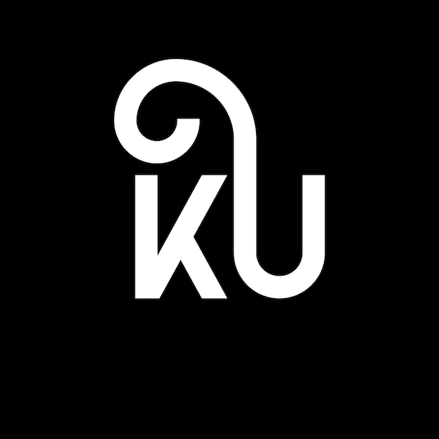 黒い背景に KU 文字のロゴデザイン 黒い裏に KU クリエイティブ・イニシャル 文字ロゴコンセプト KU 文字デザイン KU 白い文字デザイン