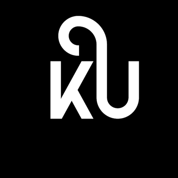 黒い背景に KU 文字のロゴデザイン 黒い裏に KU クリエイティブ・イニシャル 文字ロゴコンセプト KU 文字デザイン KU 白い文字デザイン