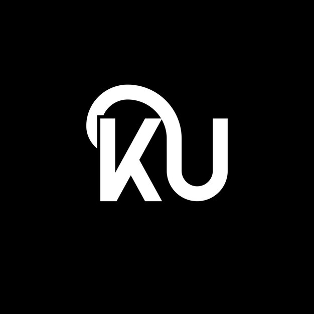 黒い背景に KU 文字のロゴデザイン 黒い裏に KU クリエイティブ・イニシャル 文字ロゴコンセプト KU 文字デザイン KU 白い文字デザイン