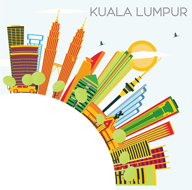 Горизонт куала-лумпура с цветными зданиями, голубым небом и копией пространства. векторные иллюстрации. деловые поездки и концепция туризма с современной архитектурой.