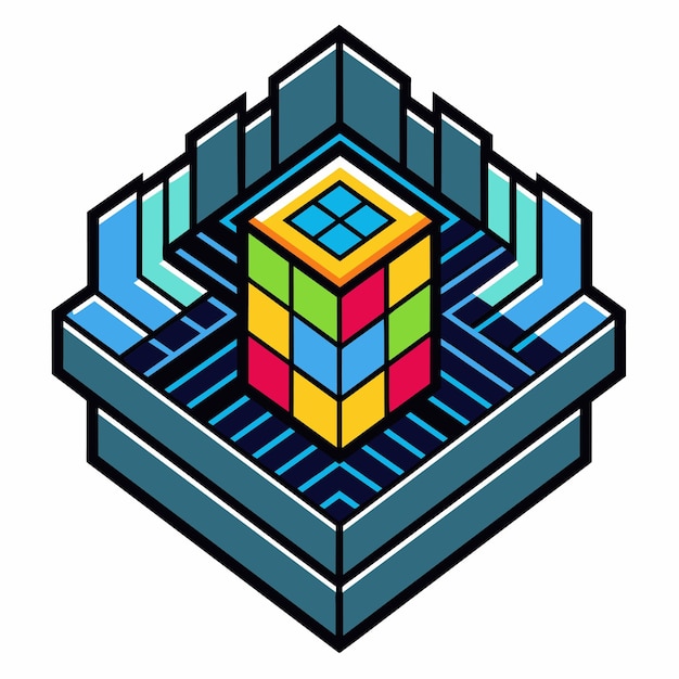 Kubus beweegt zich door een complex doolhof met een witte achtergrond Pixel technologie logo ontwerpt concept vector