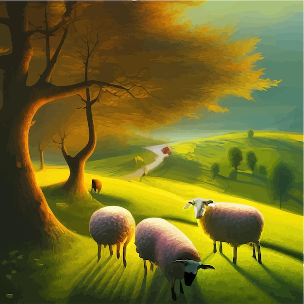 Kudde gelukkige lachende schapen grazen in weide zomerlandschap met groene heuvels vector cartoon