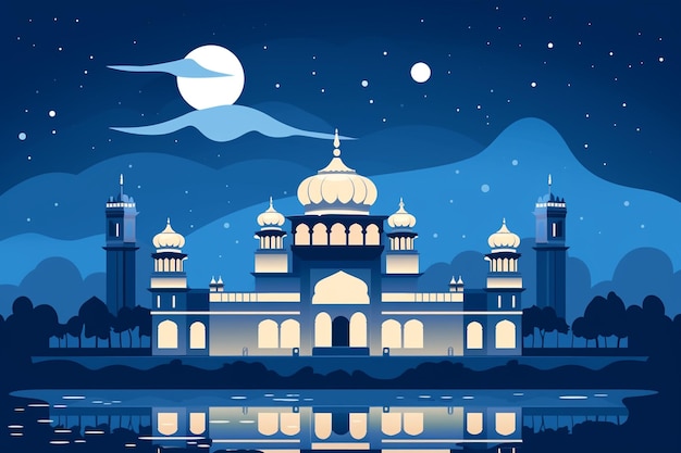 Vector kumari mosque at night with moon and stars