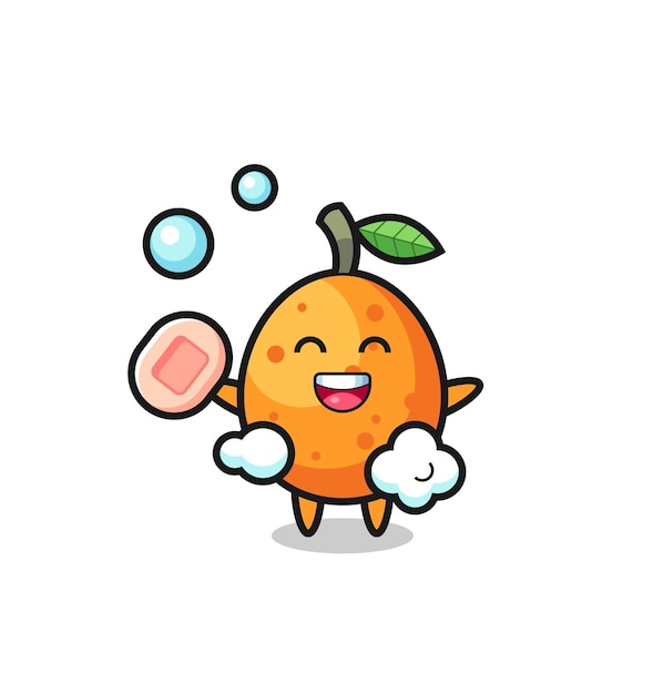 Vector kumquat character is bathing while holding soap