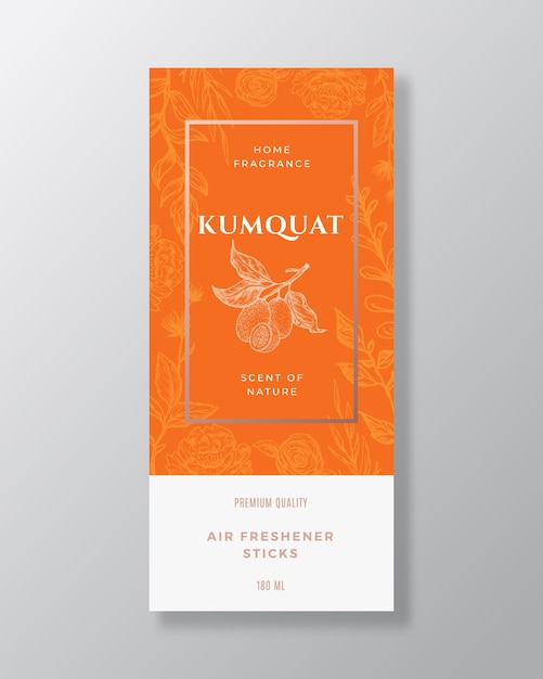Kumquat Home Fragrance Abstract Vector Label Template Hand Drawn Sketch Flowers Leaves Background and Retro Typography Premium Room Perfume Packaging Design Layout Realistic Mockup Isolated