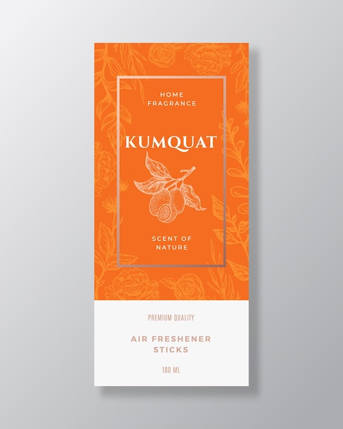 Vettore kumquat home fragrance abstract vector label template schizzo disegnato a mano fiori foglie sfondo e tipografia retrò premium room profumo packaging design layout mockup realistico isolato