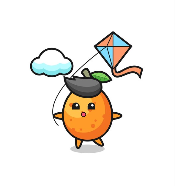 L'illustrazione della mascotte del kumquat sta giocando con l'aquilone