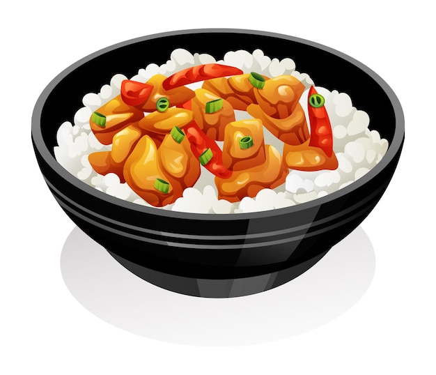 Kung pao chicken with peppers and vegetables served with rice. Chinese food vector illustration