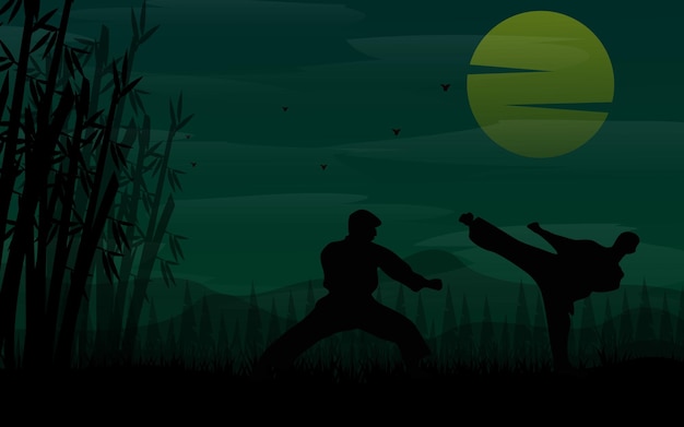 Vettore kungfu silhoutte con paesaggio di sfondo notturno