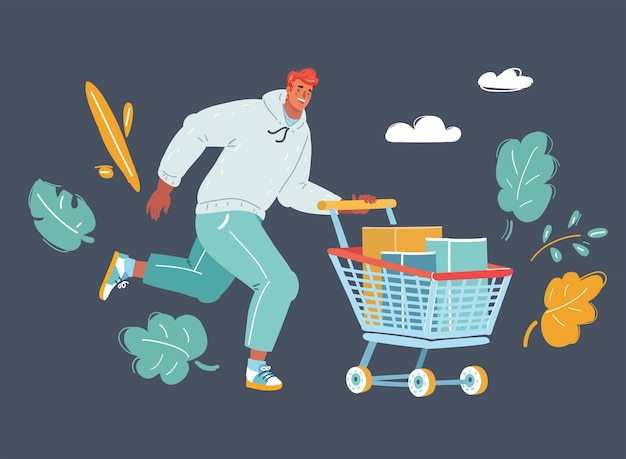 Vector kunning man with shopping cart