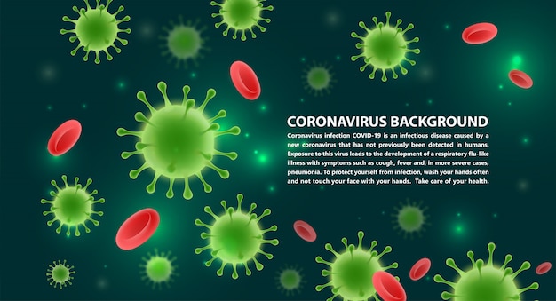 Kunst. coronavirus 2019-ncov en virusachtergrond. covid-19 op een donkergroene achtergrond. pandemisch medisch concept.