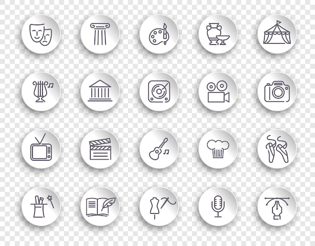 Kunst en entertainment icon set Verzameling van vector iconen op witte stickers met transparante schaduwen