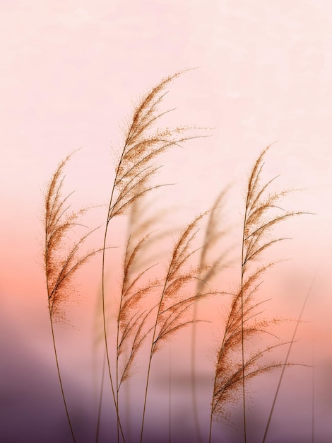 Kunstbeeld met pampagras bij zonsopgang of zonsondergang. Botanische poster voor verpakkingsontwerpdecoratie, woondecoratie, poster