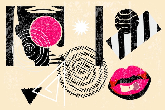 Kunstcollage van universele grafische elementen geometrische vormen vrouw lippen Bright vector Dotted halftone objecten in fanzine-stijl voor uw ontwerp