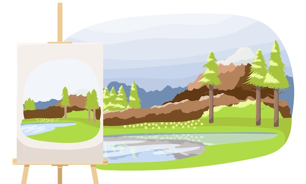 Kunstenaar schilderde zomertijd landschap met Mountain River Schilder tekening buiten Getekende foto met groen gazon gele bloemen Schilderen met penseel en waterverf op canvas schildersezel Vector illustratie