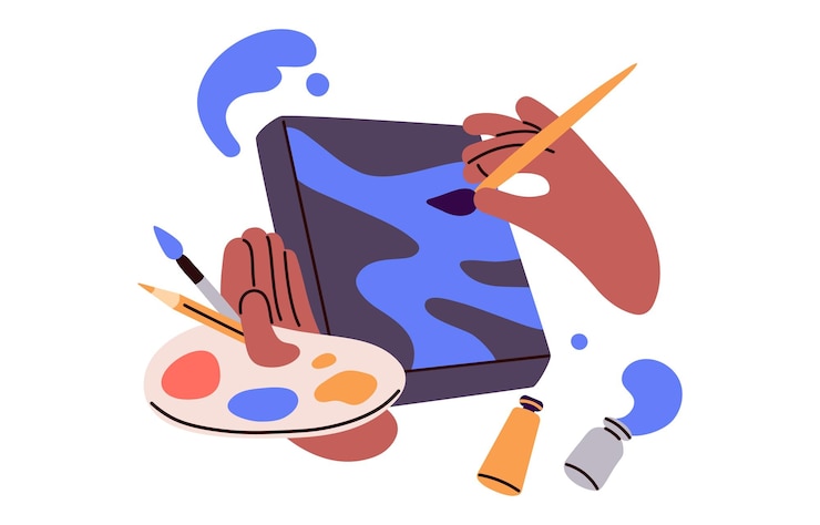 Vector kunstenaar schilderij op canvas met olieverf en penseel schilder tekenen abstract beeld maken creatieve handen aan het werk kunst creatieproces platte vectorillustratie geïsoleerd op witte achtergrond