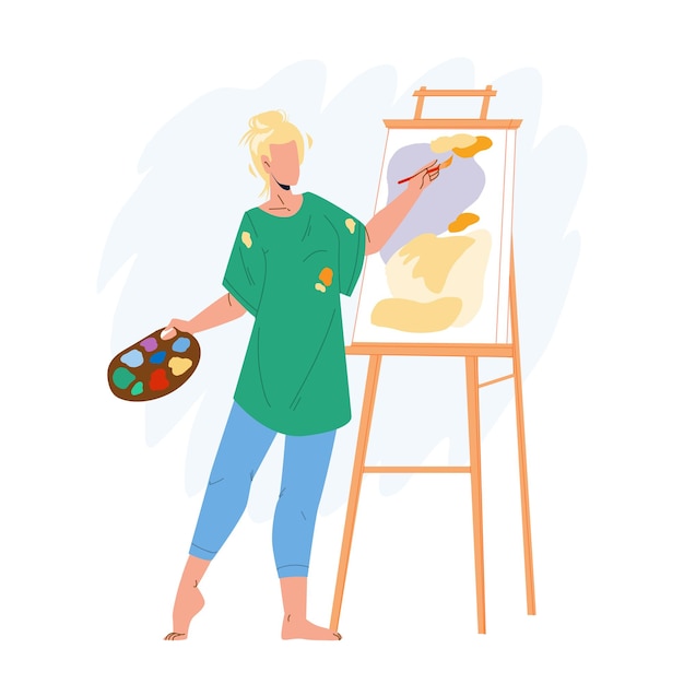 Kunstenaar vrouw schilderij afbeelding op canvas vector. Jong Meisje Kunstenaar Tekenen En Creëren In Studio Met Borstel En Verf. Karakter Artistiek Schilder Creativiteit Platte Cartoon Illustratie