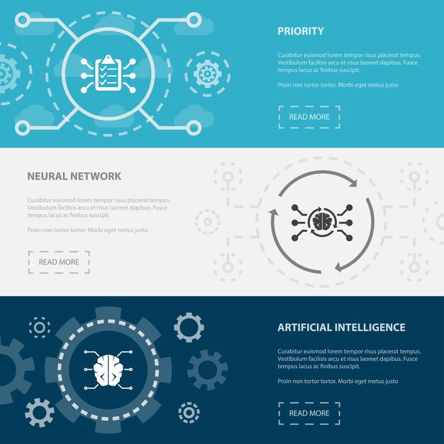 Kunstmatige intelligentie 3 horizontale webpagina banners sjabloon met prioriteit, neuraal netwerk, kunstmatige intelligentie concept. platte moderne geïsoleerde pictogrammen illustratie.