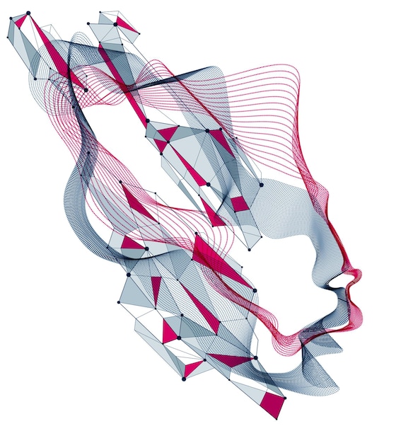 Kunstmatige intelligentie, abstract artistiek menselijk hoofdportret gemaakt van gestippelde deeltjesarray, vectorsoftware digitale visuele interface. Digitale ziel, geest van technologische tijd.