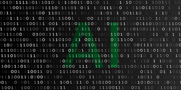 Kunstmatige intelligentie brief over een binaire code gegevensstroom achtergrond in een futuristische digitale stijl