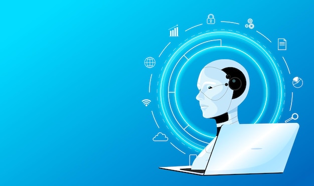 Kunstmatige intelligentie chatbot technologie digitale robot gezicht met laptop Cloud data online dienst internet communicatie chatbot ondersteuning virtuele moderne smartphone app Vector illustratie