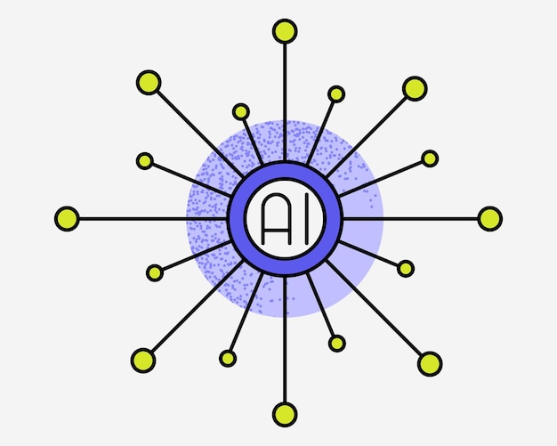 Kunstmatige intelligentie chip processor platte vector illustratie AI technologie data science grafiek