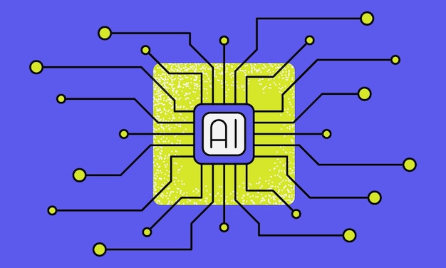 Kunstmatige intelligentie chip processor platte vector illustratie AI technologie data science grafisch icoon