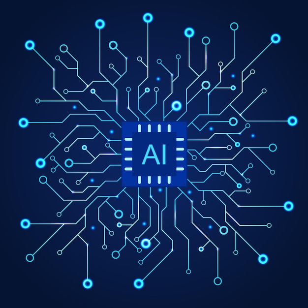 Kunstmatige intelligentie donkerblauwe achtergrond. Machineprogrammering en AI-chip op computer. Circuit moederbord moderne technologie. vector illustratie