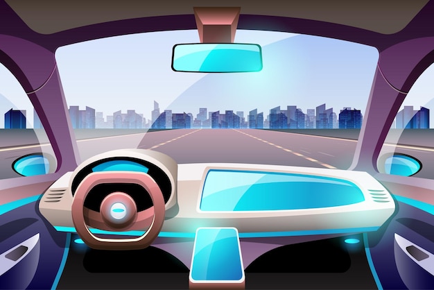 Kunstmatige Intelligentie Driverless Safety System met HUD Interface in Cockpit van autonome auto Voertuiginterieur Driverless Car Driver Assistance System ACC Adaptive Cruise Control