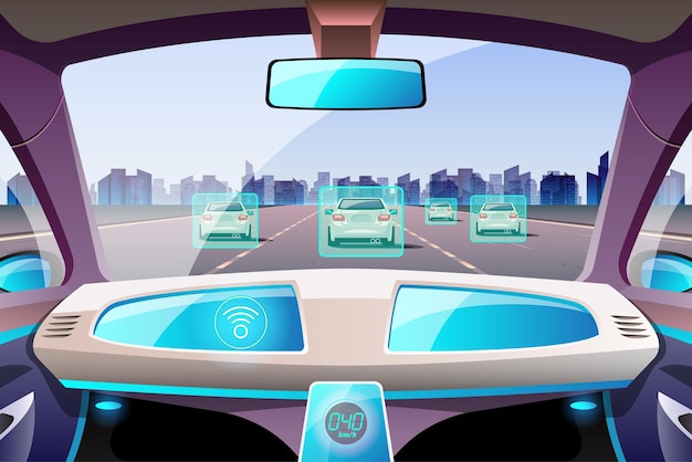 Kunstmatige intelligentie driverless safety system met hud interface in cockpit van autonome auto voertuiginterieur driverless car driver assistance system acc adaptive cruise control