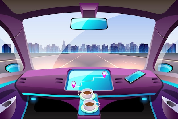 Kunstmatige intelligentie driverless safety system met hud interface in cockpit van autonome auto voertuiginterieur driverless car driver assistance system acc adaptive cruise control