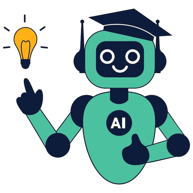 Kunstmatige intelligentie in het schoolonderwijs concept schattige ai robot in een afstudeerhoed die naar een