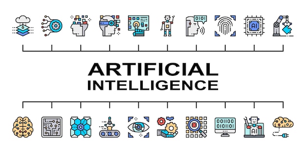 Kunstmatige intelligentie kleur pictogram banner. robotica, chatbot, database, big data vectorillustratie met gekleurde pictogrammen