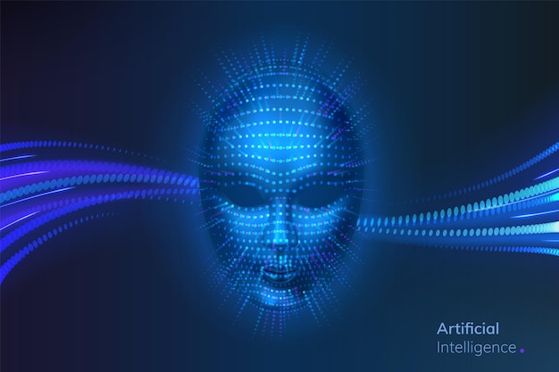 Kunstmatige intelligentie of cyberrobotgezicht Neurale netwerkverbindingen in de buurt van bionische of virtuele kop