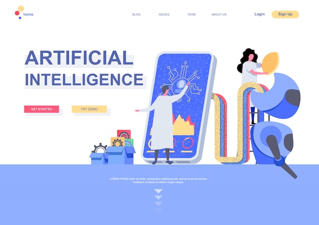 Kunstmatige intelligentie platte bestemmingspagina sjabloon. Machine learning conceptwetenschappers die cybernetische systeemsituatie programmeren. Webpagina met personages. Digitale technologie illustratie