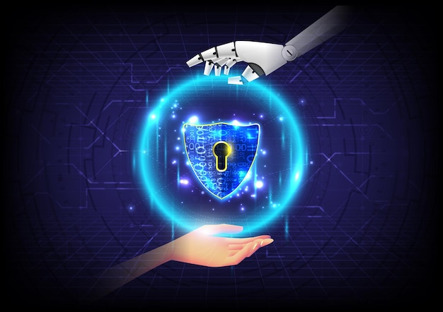 Kunstmatige intelligentie van beveiliging privacykluis Hand van mens en robot aanraken gloeiende bol van zeshoek en schild Hoge computer van bescherming Technologie-ingenieur van antivirus en crimineel