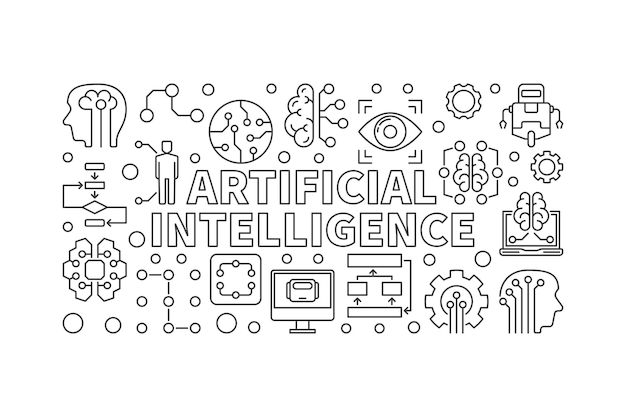 Kunstmatige intelligentie vector moderne horizontale banner in dunne lijnstijl