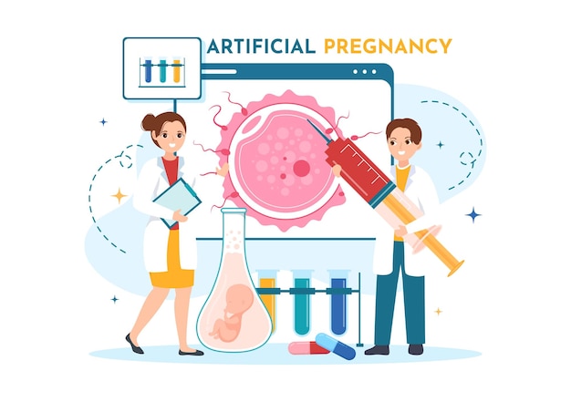 Kunstmatige zwangerschap vectorillustratie met paar na succesvolle embryo-inplanting