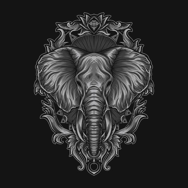 kunstwerk illustratie en t-shirt olifant hoofd gravure ornament