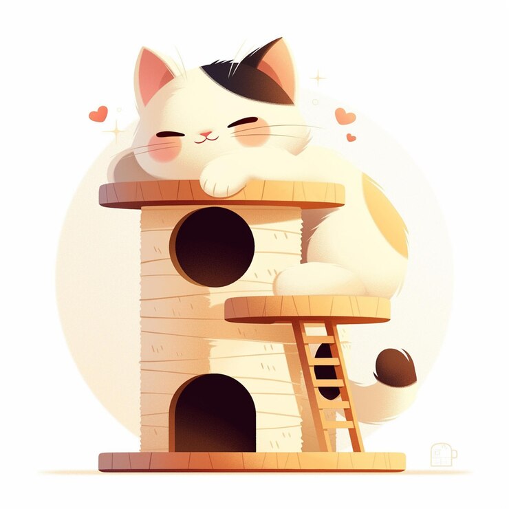 Vector kurilian bobtail cat climbing a cat tree