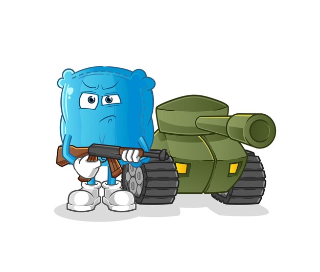 Kussen soldaat met tank karakter. cartoon mascotte vector