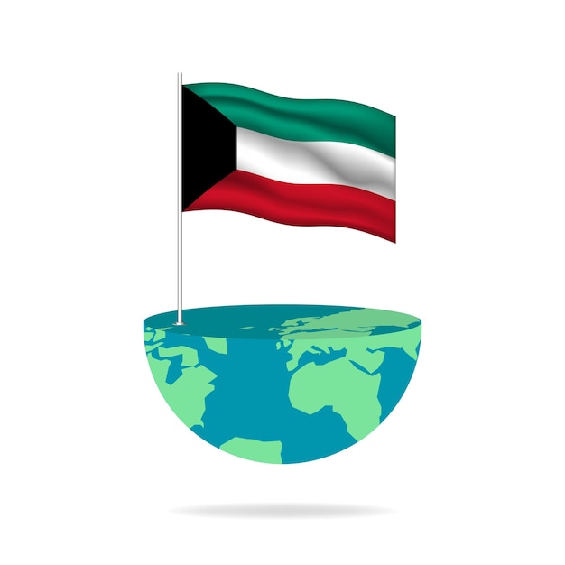 Kuwait flag pole on globe. Flag waving around the world. Easy editing and vector in groups.