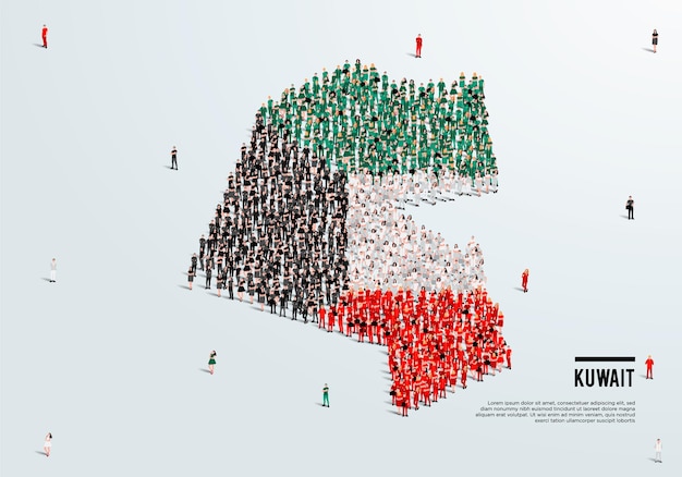 Vettore bandiera e mappa del kuwait. un folto gruppo di persone nella forma di colore della bandiera del kuwait per creare la mappa. vettore